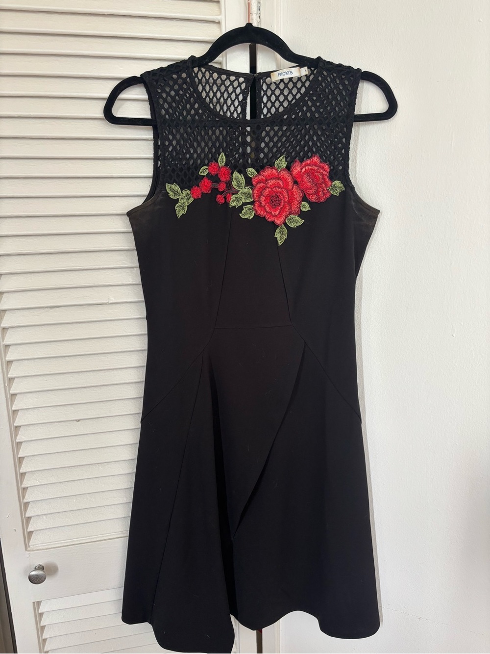 Ricki's Black Mesh-Yoke Dress with Red Rose Appliqué